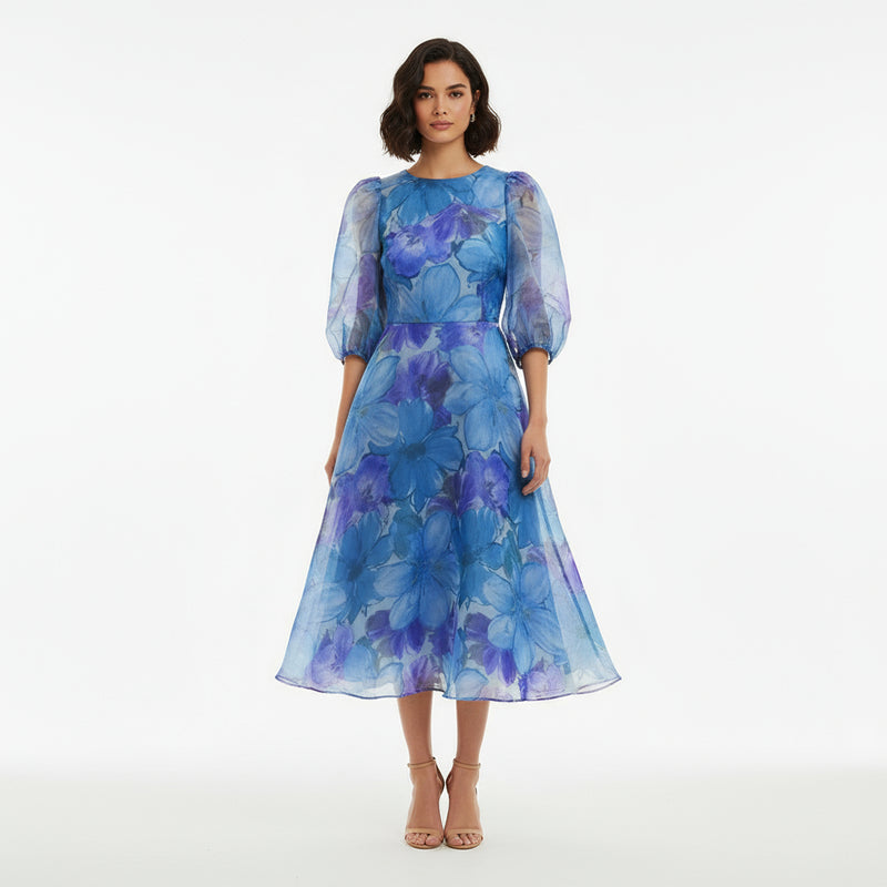 Gina Women's Midi Dress | Floral Print with Sheer Puff Sleeves