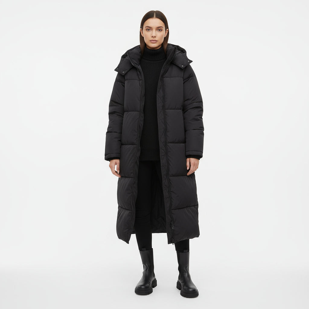 Doudoune Longue Femme Lara | Panneaux Matelassés, Capuche Fixe