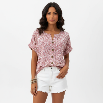 Fiona Women's Floral Top | Loose Casual Fit, Button-Front Design
