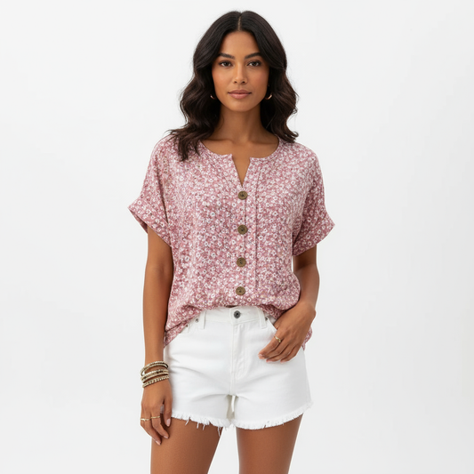 Fiona Women's Floral Top | Loose Casual Fit, Button-Front Design