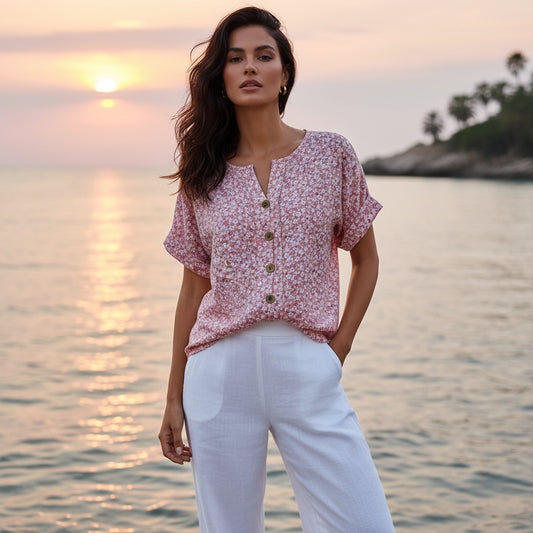 Fiona Women's Floral Top | Loose Casual Fit, Button-Front Design