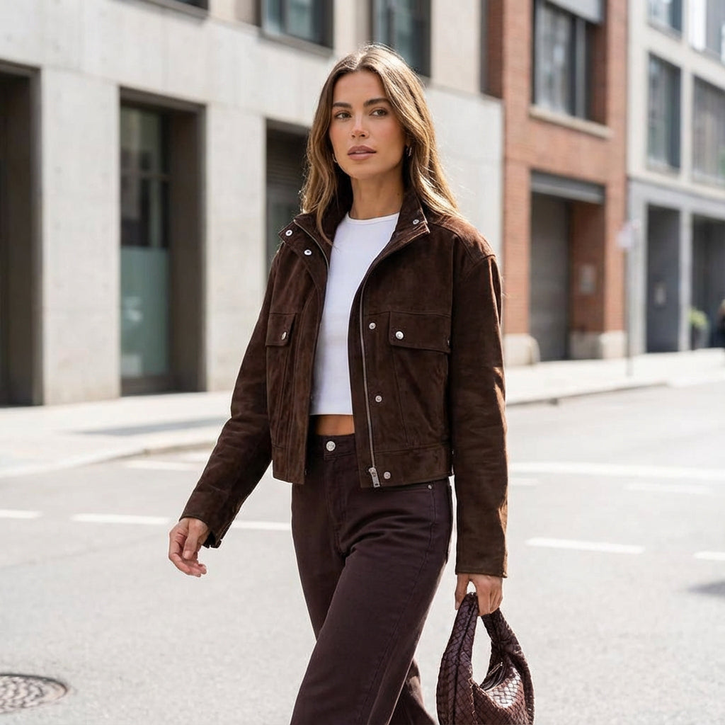 Elena Women’s Bomber Jacket | Cropped Length, Stand Collar