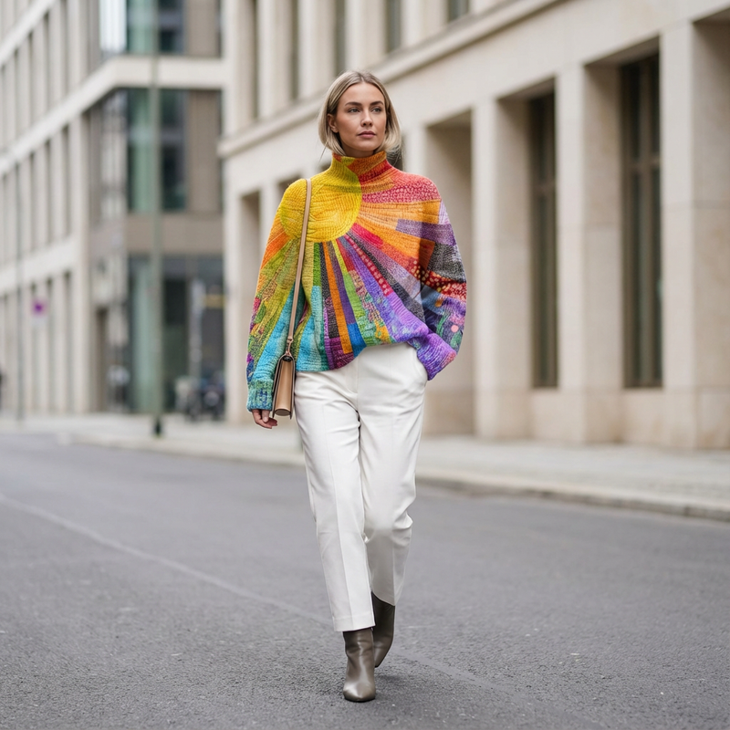 Willow Zerelle Women’s Turtleneck Sweater | Multicolor Patchwork Print, Relaxed Fit