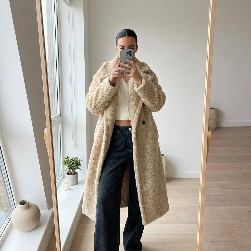Tara Women's Winter Coat | Oversized Teddy Fur, Cozy Double-Breasted Design