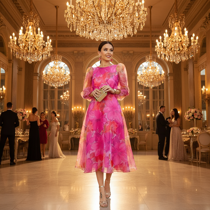 Gina Women's Midi Dress | Floral Print with Sheer Puff Sleeves