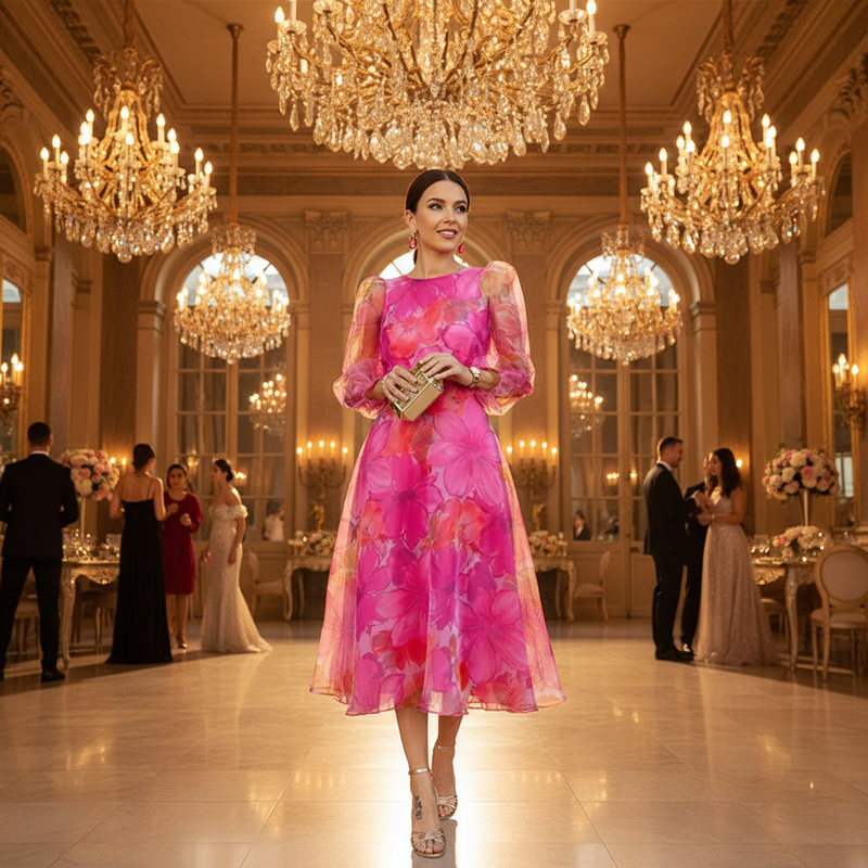 Gina Women's Midi Dress | Floral Print with Sheer Puff Sleeves