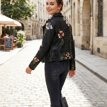 Juniper Women's Biker Jacket | Floral Embroidery, Silver Studded Trim