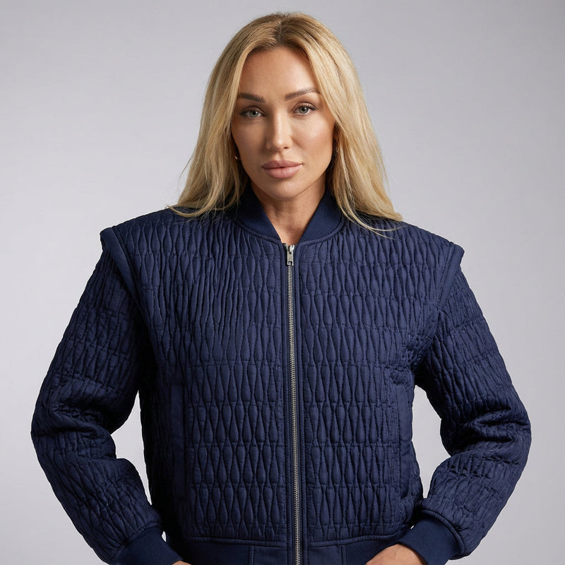 Demi Women's Quilted Bomber Jacket | Diamond Quilt Pattern, Ribbed Collar Cuffs