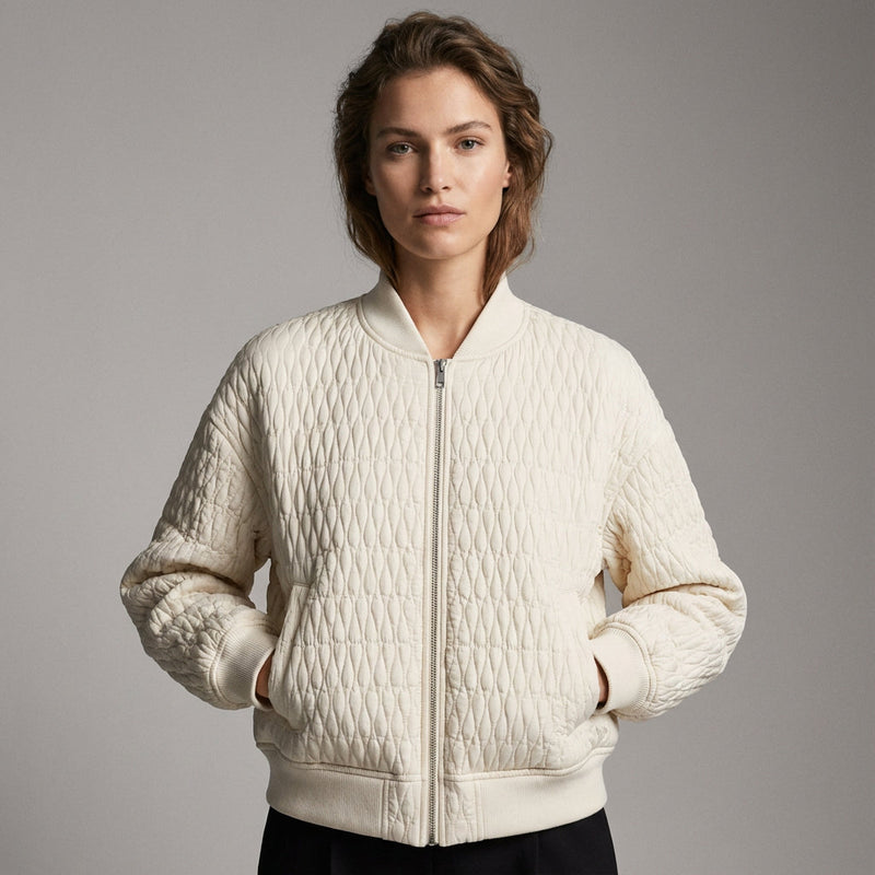 Demi Women's Quilted Bomber Jacket | Diamond Quilt Pattern, Ribbed Collar Cuffs