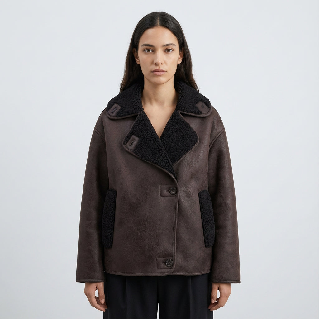 Veste aviateur pour femme Harlow | Fausse peau lainée vieillie, col sherpa