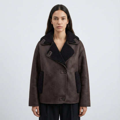 Veste aviateur pour femme Harlow | Fausse peau lainée vieillie, col sherpa