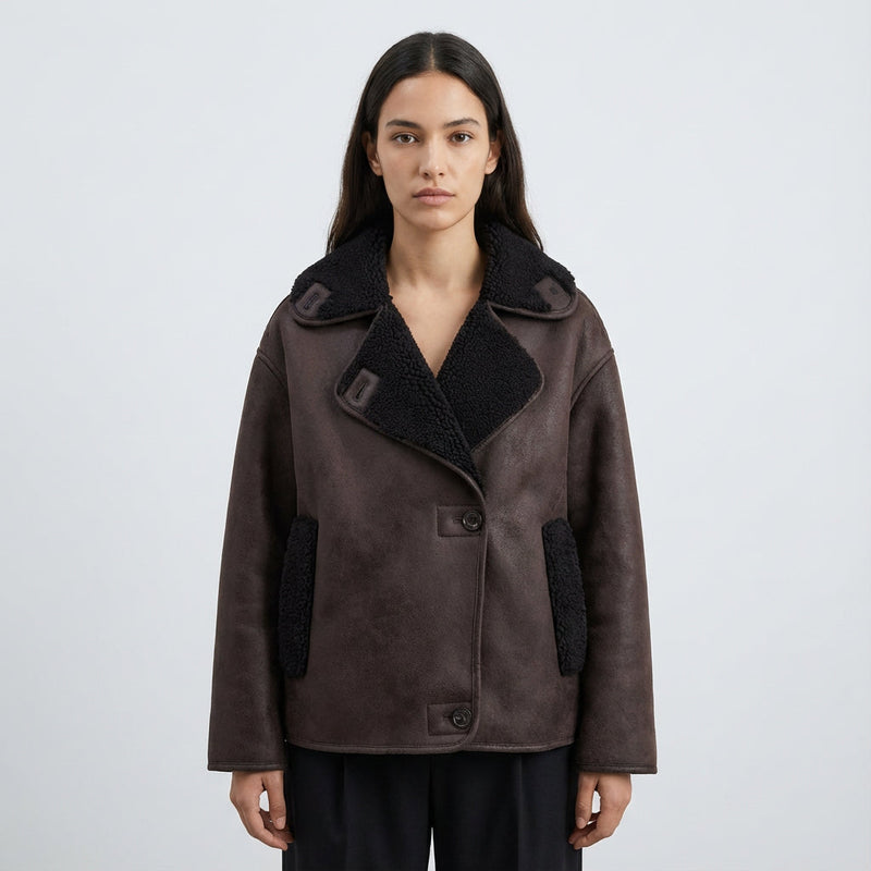 Veste aviateur pour femme Harlow | Fausse peau lainée vieillie, col sherpa