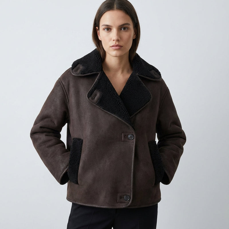 Veste aviateur pour femme Harlow | Fausse peau lainée vieillie, col sherpa