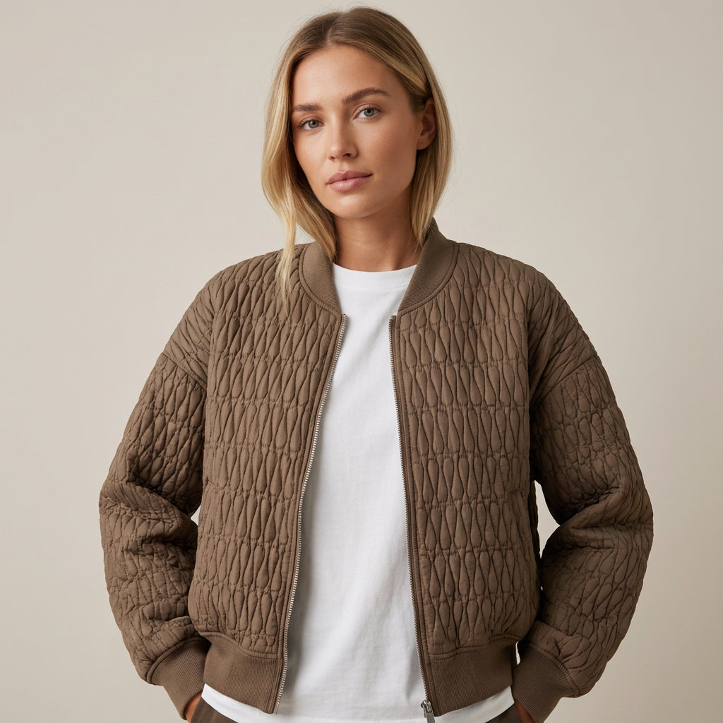 Demi Women's Quilted Bomber Jacket | Diamond Quilt Pattern, Ribbed Collar Cuffs