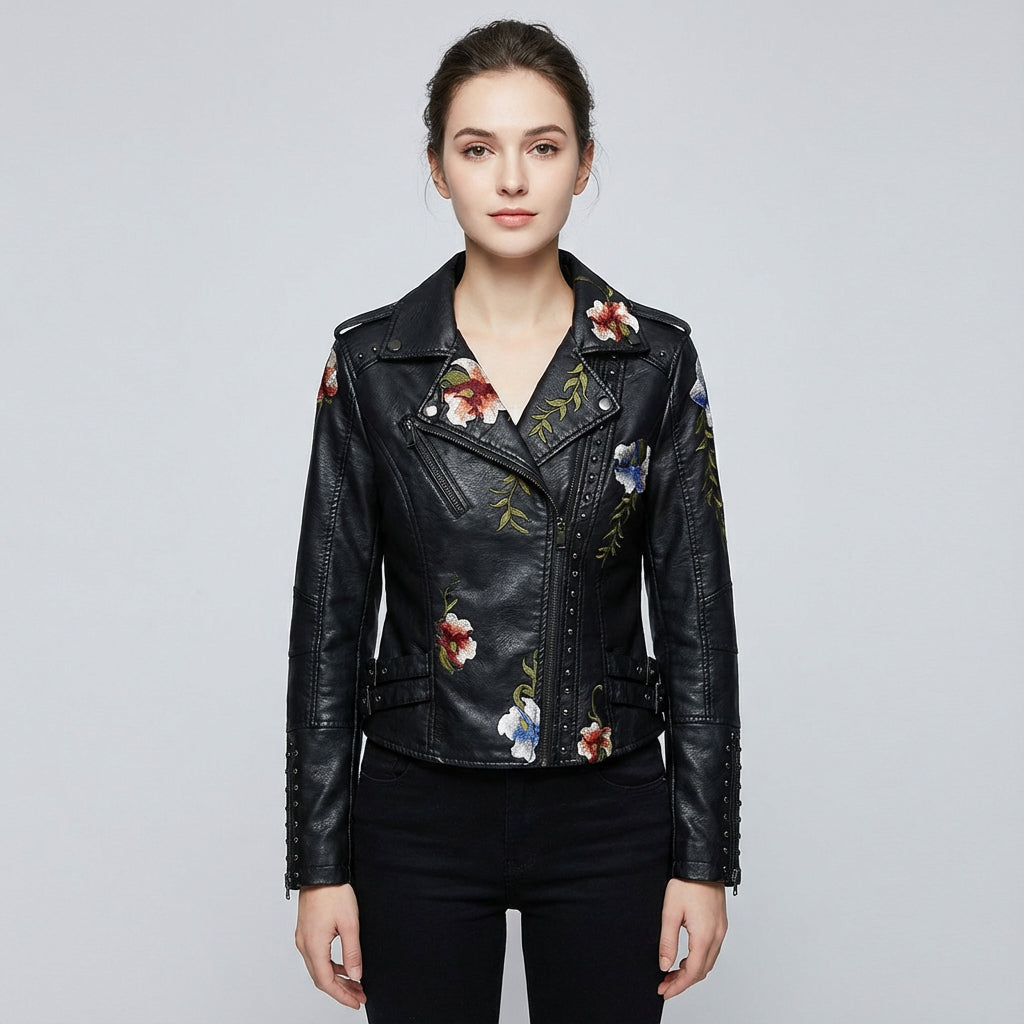 Juniper Women's Biker Jacket | Floral Embroidery, Silver Studded Trim