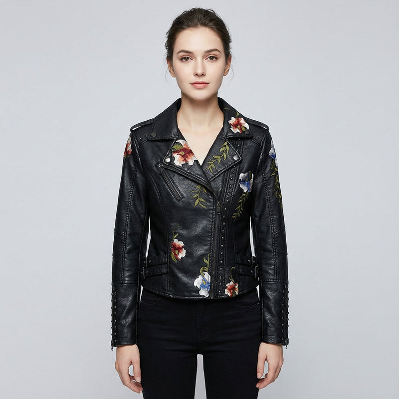 Juniper Women's Biker Jacket | Floral Embroidery, Silver Studded Trim