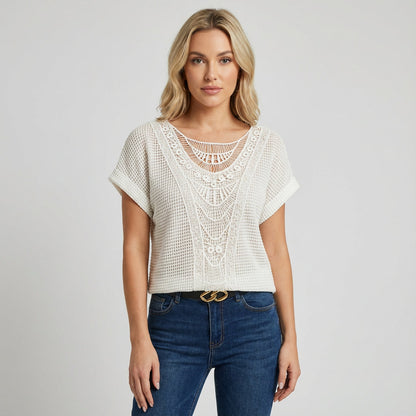 Haven Ella Women’s Lace Top | Front Lace Panel, Short Sleeves