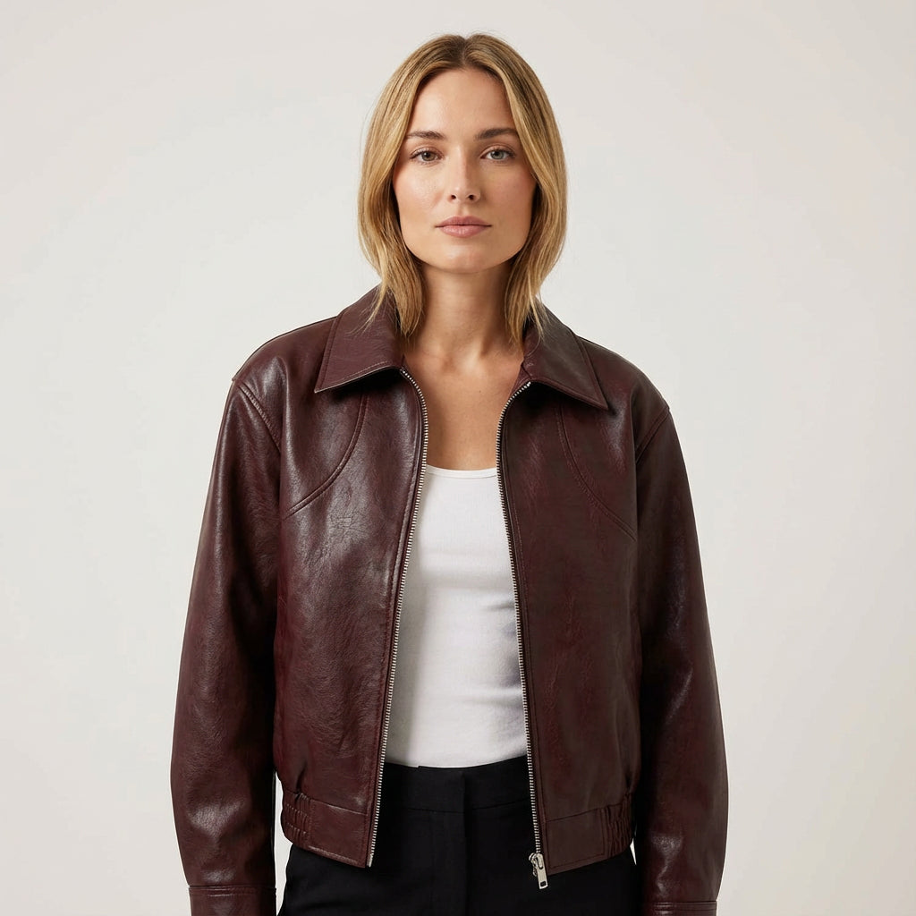 Onyx Marina Women’s Cropped Leather Jacket | Zip-Front Closure, Lapel Collar
