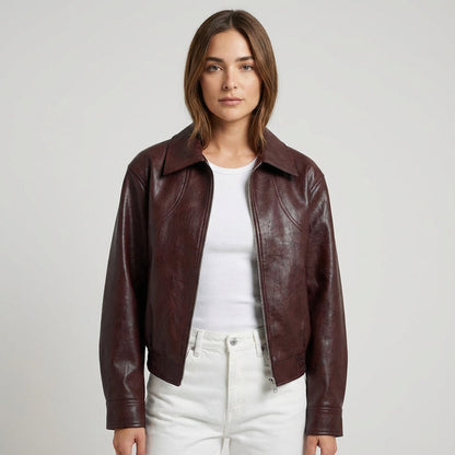 Onyx Marina Women’s Cropped Leather Jacket | Zip-Front Closure, Lapel Collar