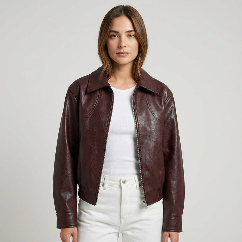 Onyx Marina Women’s Cropped Leather Jacket | Zip-Front Closure, Lapel Collar