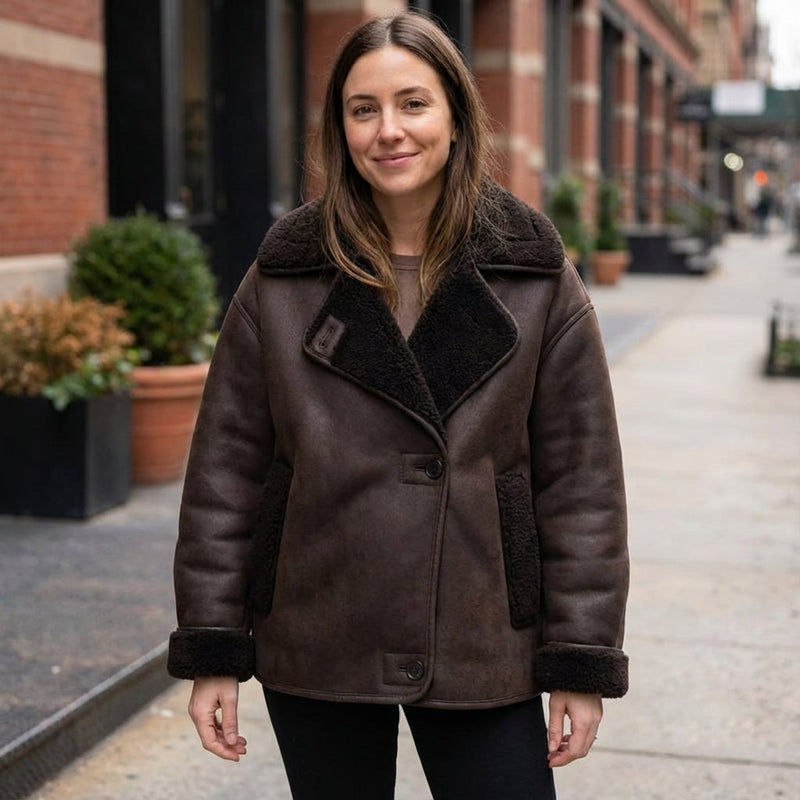 Veste aviateur pour femme Harlow | Fausse peau lainée vieillie, col sherpa