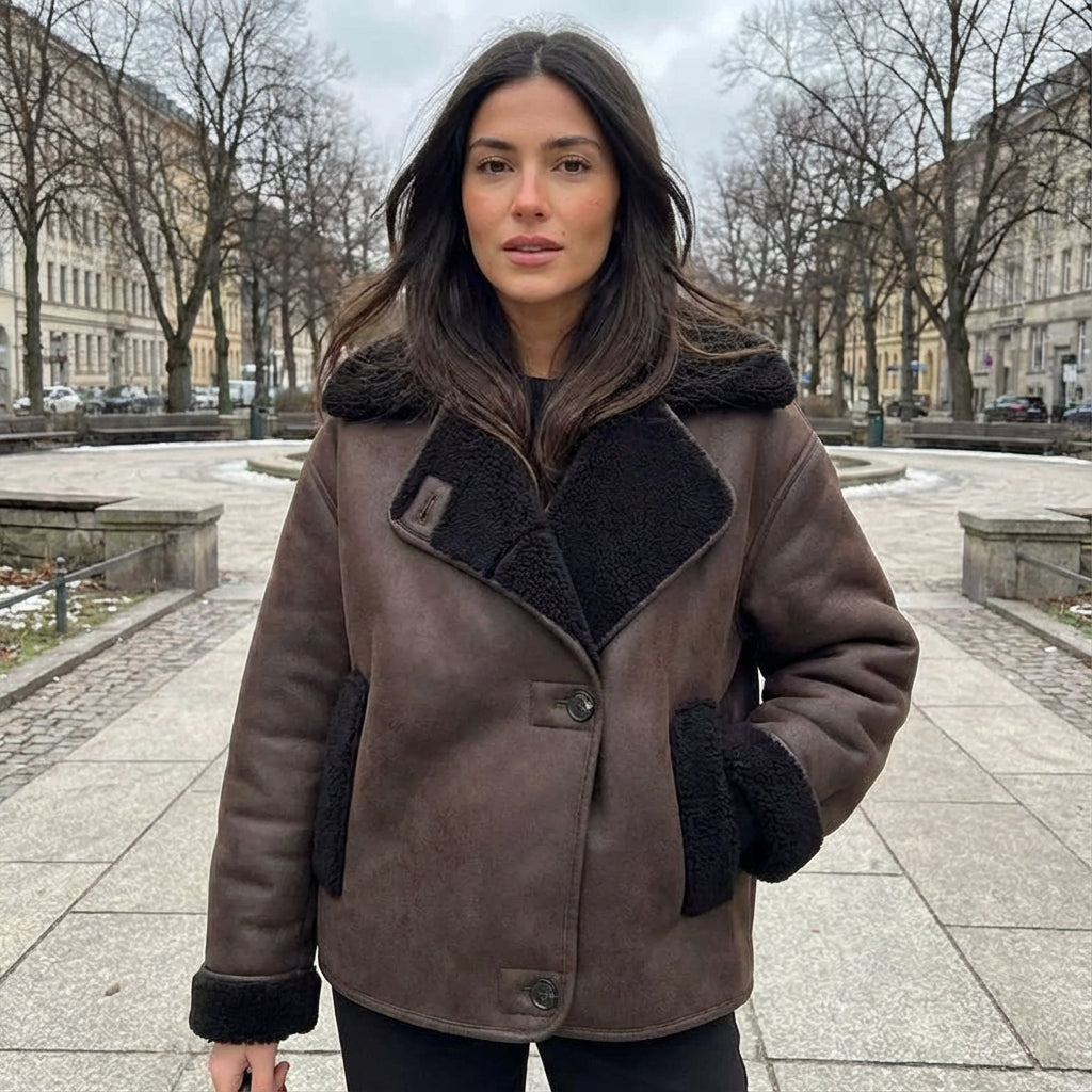 Veste aviateur pour femme Harlow | Fausse peau lainée vieillie, col sherpa