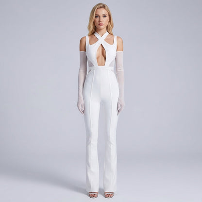 Ivory Women's Bandage Jumpsuit | Cross Halter Neckline, Flared Leg Silhouette
