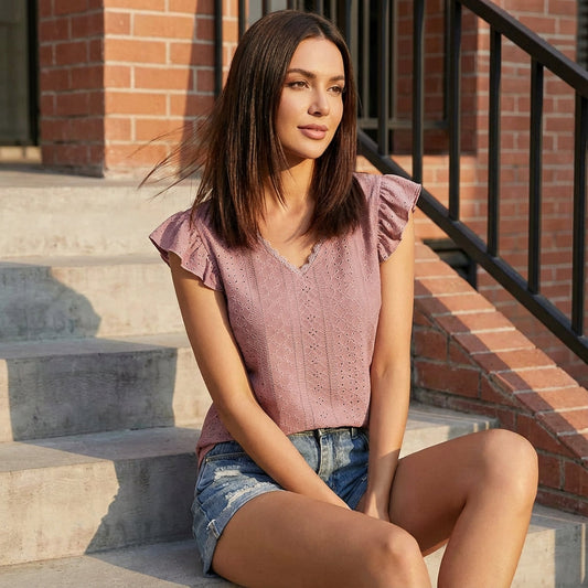 Arden Women's Blouse | Eyelet Design with Ruffle Sleeves, Lightweight Summer Top