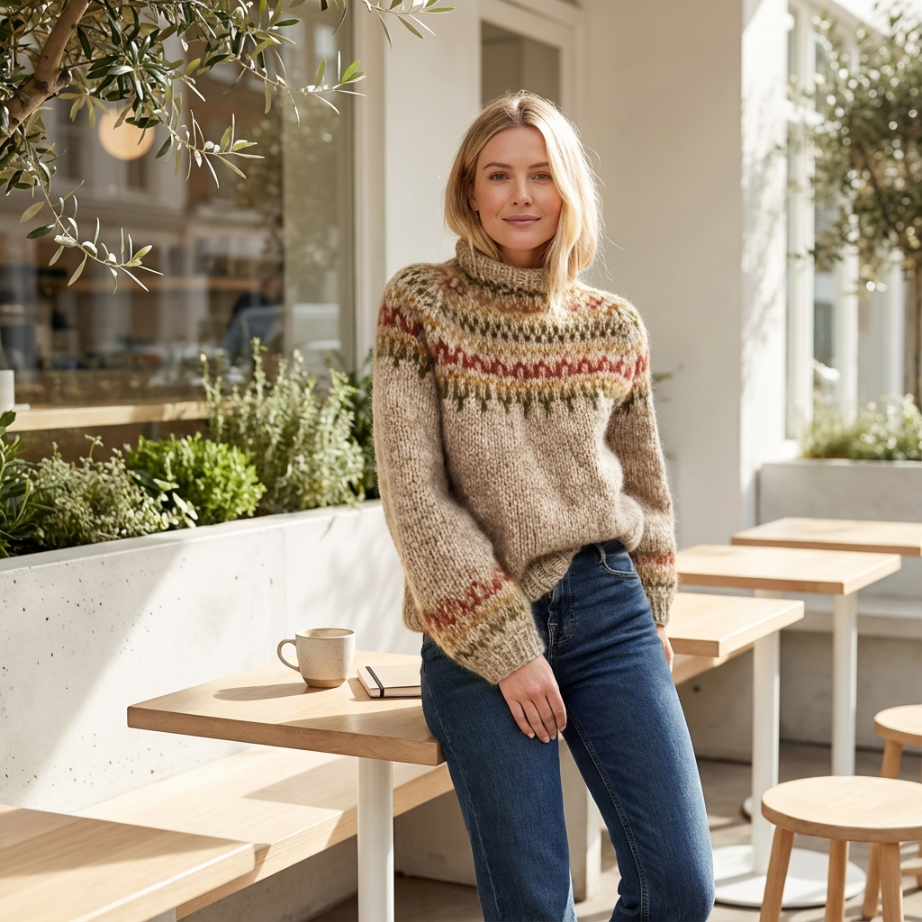 Suéter de punto nórdico para mujer Aureline | Cuello Alto, Patrón Herencia