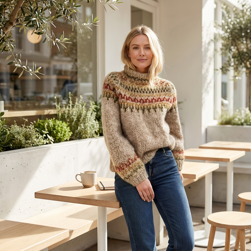 Suéter de punto nórdico para mujer Aureline | Cuello Alto, Patrón Herencia