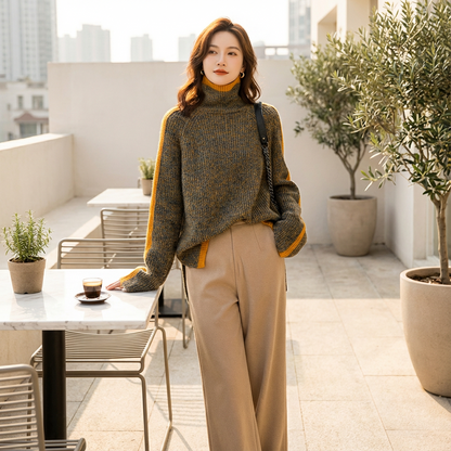 Virella Women’s Turtleneck Sweater | Ribbed Knit, Contrast Trim