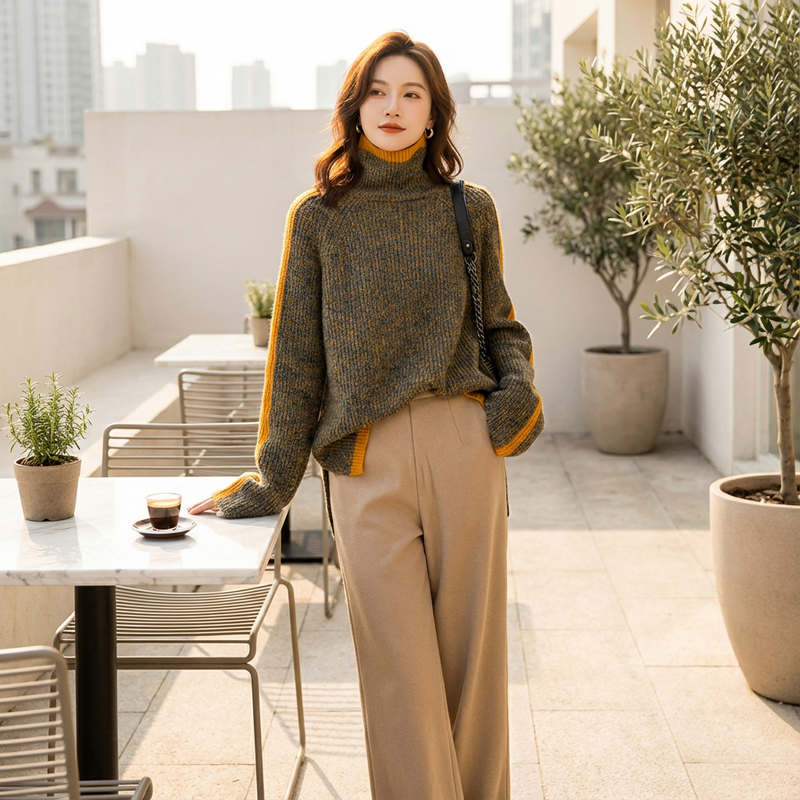 Virella Women’s Turtleneck Sweater | Ribbed Knit, Contrast Trim