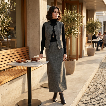 Conjunto de traje para mujer Elysia | Tweed gris casual, 3 piezas