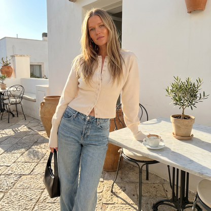 Selene Round-Neck Button Cardigan | Ribbed Waist, Slim Silhouette