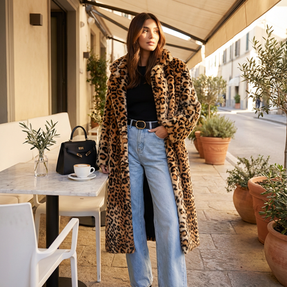 Manteau en fausse fourrure pour femmes Leona | Imprimé léopard, col à revers cranté