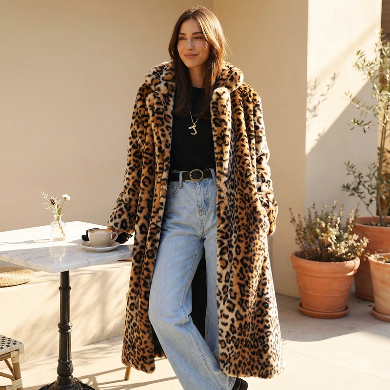 Manteau en fausse fourrure pour femmes Leona | Imprimé léopard, col à revers cranté