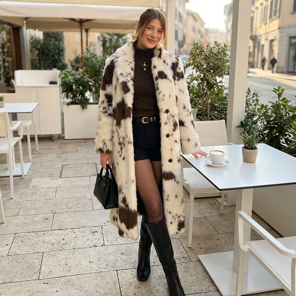 Nina Women's Faux Fur Coat | Cow Print, Winter Warmth