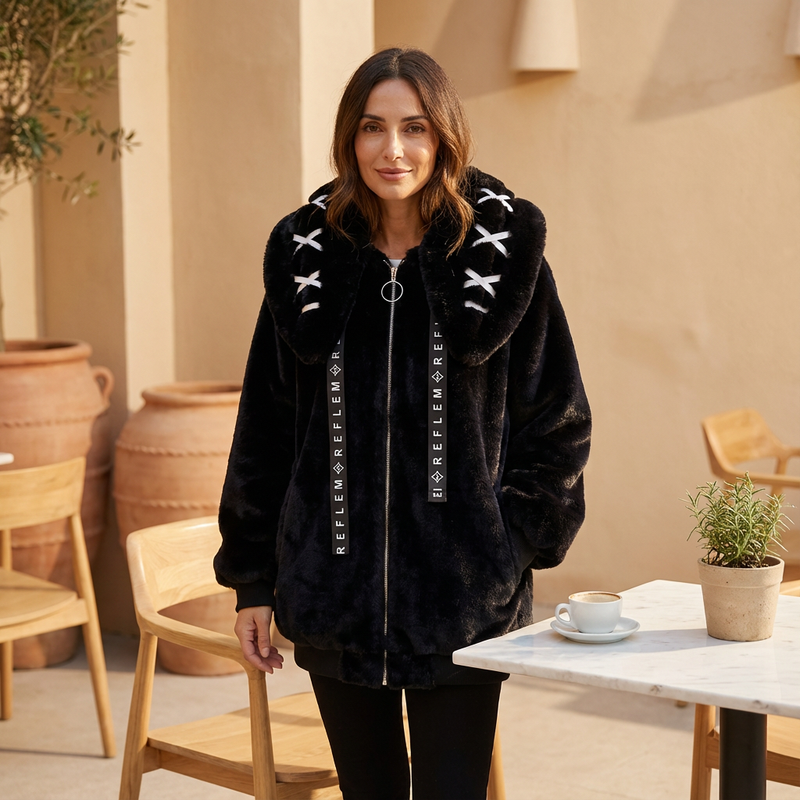 Neko Women's Faux Fur Hoodie Jacket | Bunny Ear Hood, Cross-Stitch Detail