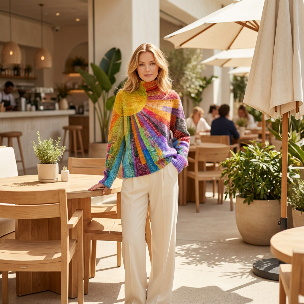 Willow Zerelle Women’s Turtleneck Sweater | Multicolor Patchwork Print, Relaxed Fit