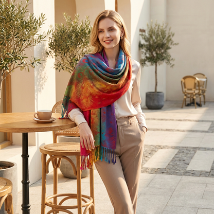 Zephyra Women’s Wrap Scarf | Multicolor Pattern, Fringed Edges