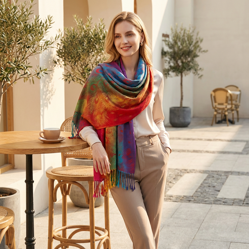 Zephyra Women’s Wrap Scarf | Multicolor Pattern, Fringed Edges
