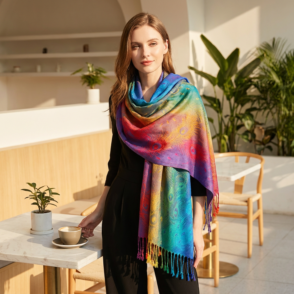 Zephyra Women’s Wrap Scarf | Multicolor Pattern, Fringed Edges