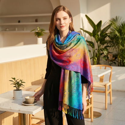 Zephyra Women’s Wrap Scarf | Multicolor Pattern, Fringed Edges