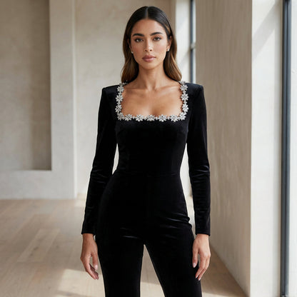 Elara Women's Jumpsuit | Black Velvet, Crystal Floral Neckline