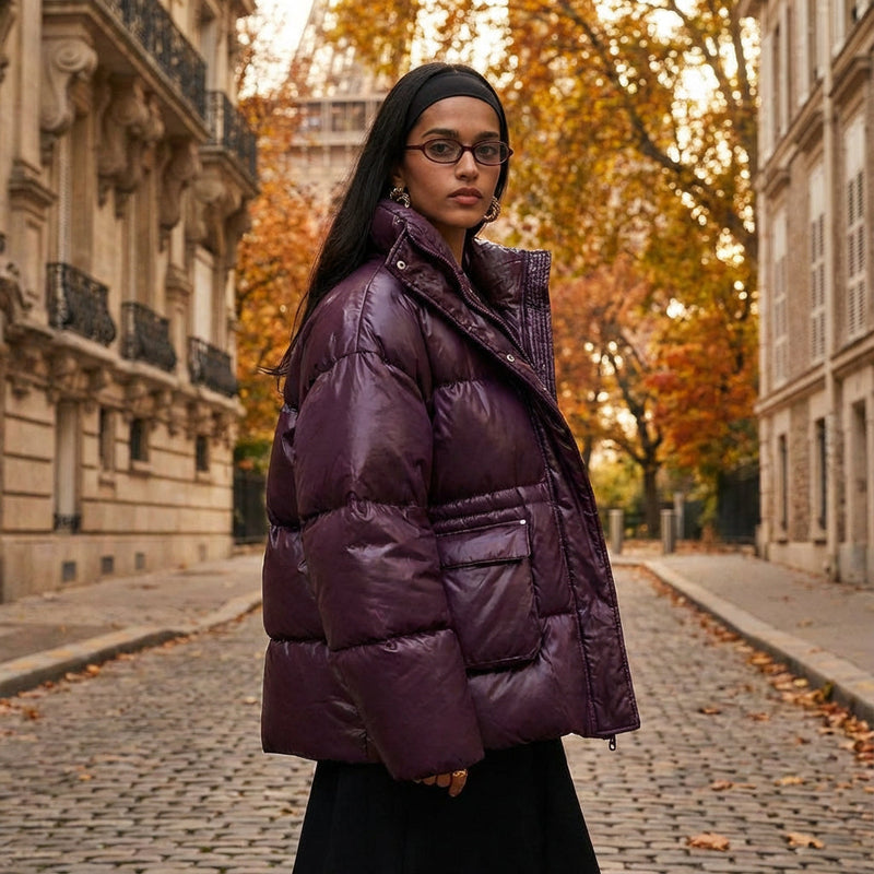 Veda Women's Oversized Puffer Jacket | Glossy Quilted Shell, Snap-Tab Hood