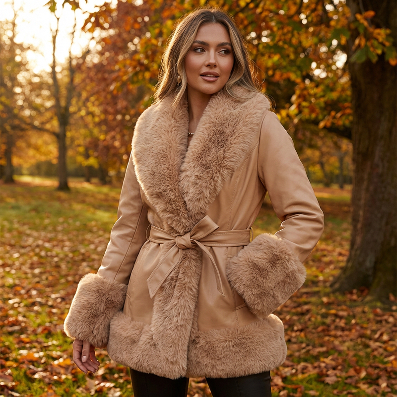 Aurora Women’s Belted Coat | Faux Fur Trim, Long Sleeves