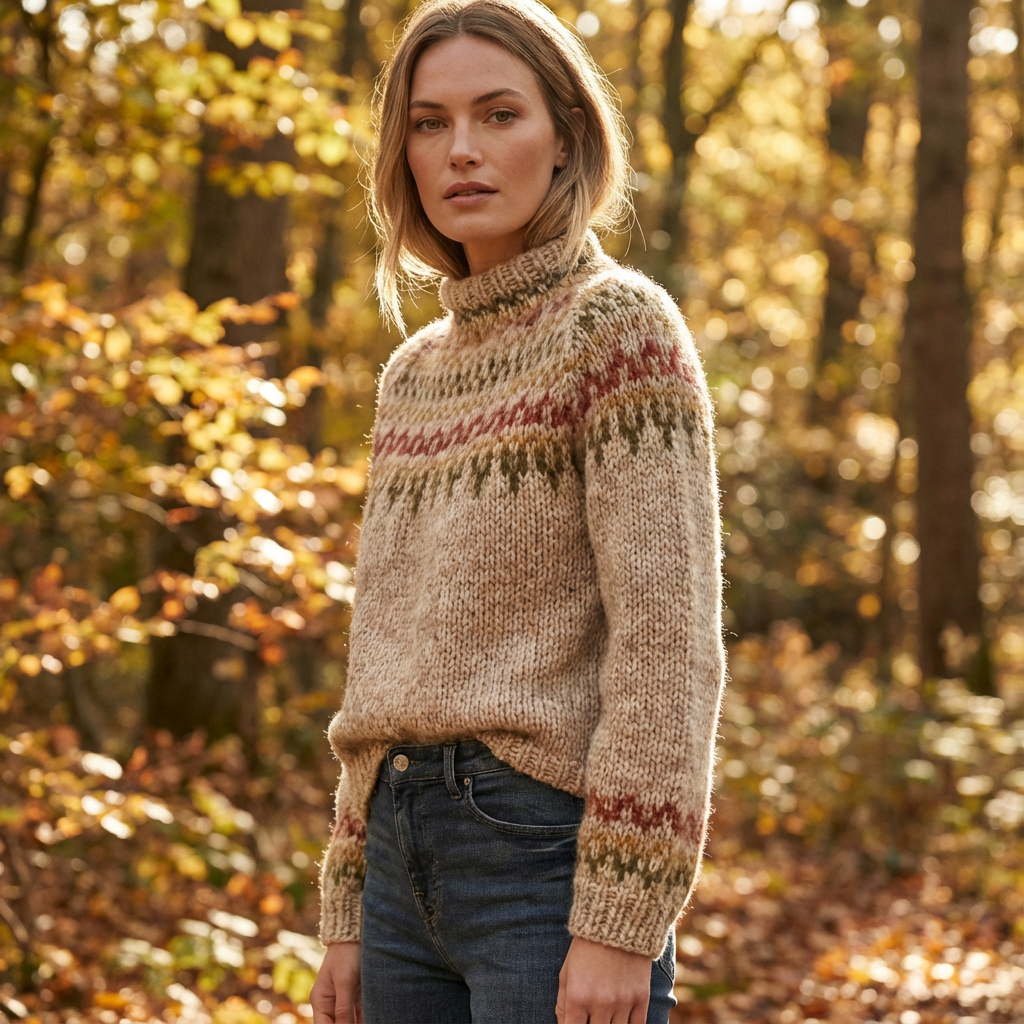 Suéter de punto nórdico para mujer Aureline | Cuello Alto, Patrón Herencia