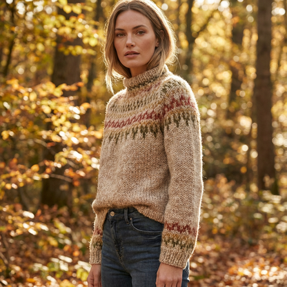 Suéter de punto nórdico para mujer Aureline | Cuello Alto, Patrón Herencia