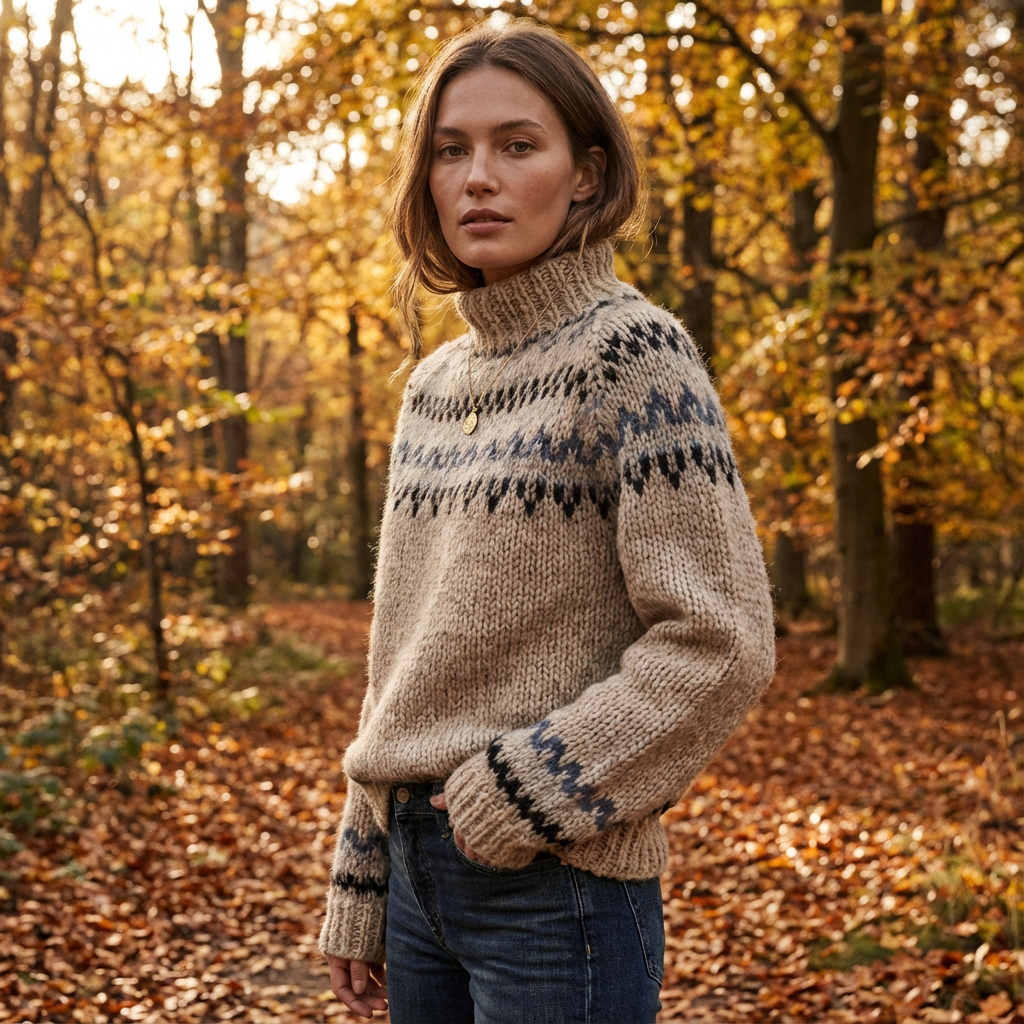 Suéter de punto nórdico para mujer Aureline | Cuello Alto, Patrón Herencia