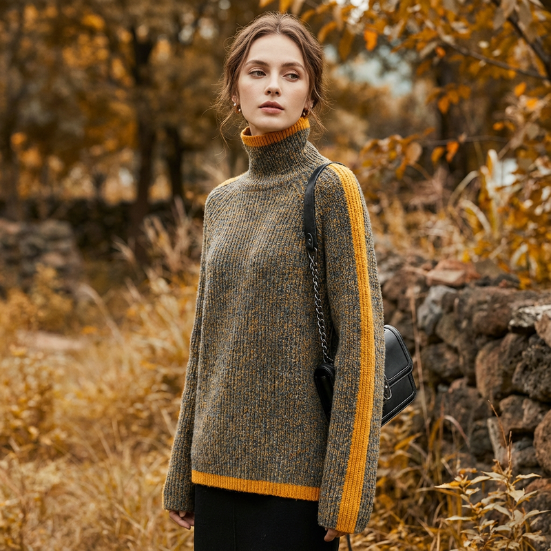 Virella Women’s Turtleneck Sweater | Ribbed Knit, Contrast Trim